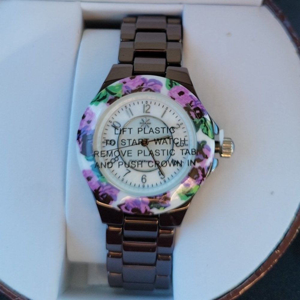 ✨💜 Isaac Mizrahi Live! Ceramic Watch with Floral printed Bezel Watch
